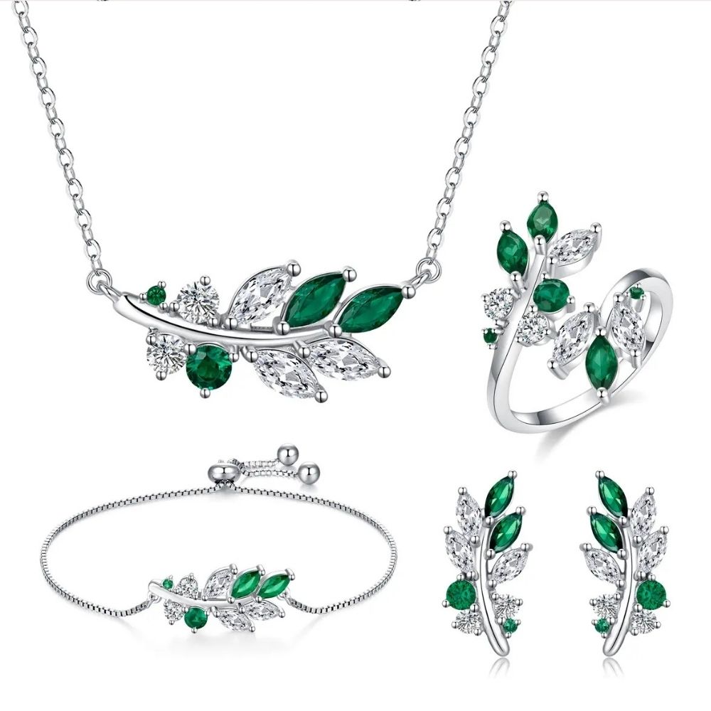 Kristal Taşlı Yeşil Yaprak Set (Altın Kaplama) - N02315set